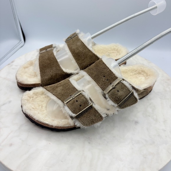 Birkenstock Arizona Shearling Suede Slides Fur Brown Sandals 39 Size 8.5-9 - Picture 3 of 8